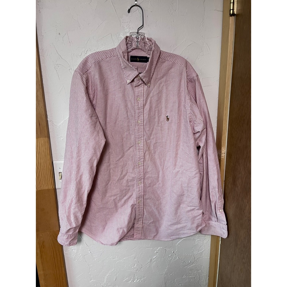 Ralph Lauren Mens XL Red White Striped Oxford Button Down Shirt Long Sleeve Pony